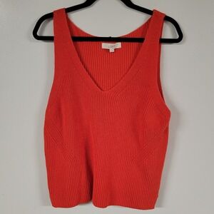 LOFT V Neck Knit Tank Top Coral Orange Ribbed Sleeveless Casual Size L